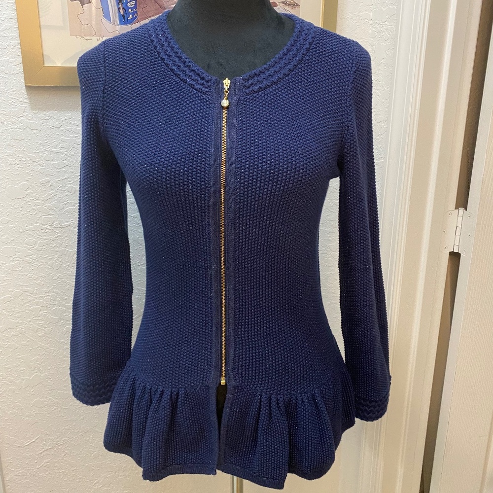Lilly Pulitzer Full Zip Sweater, Size‎ S, Navy with Gold Thread